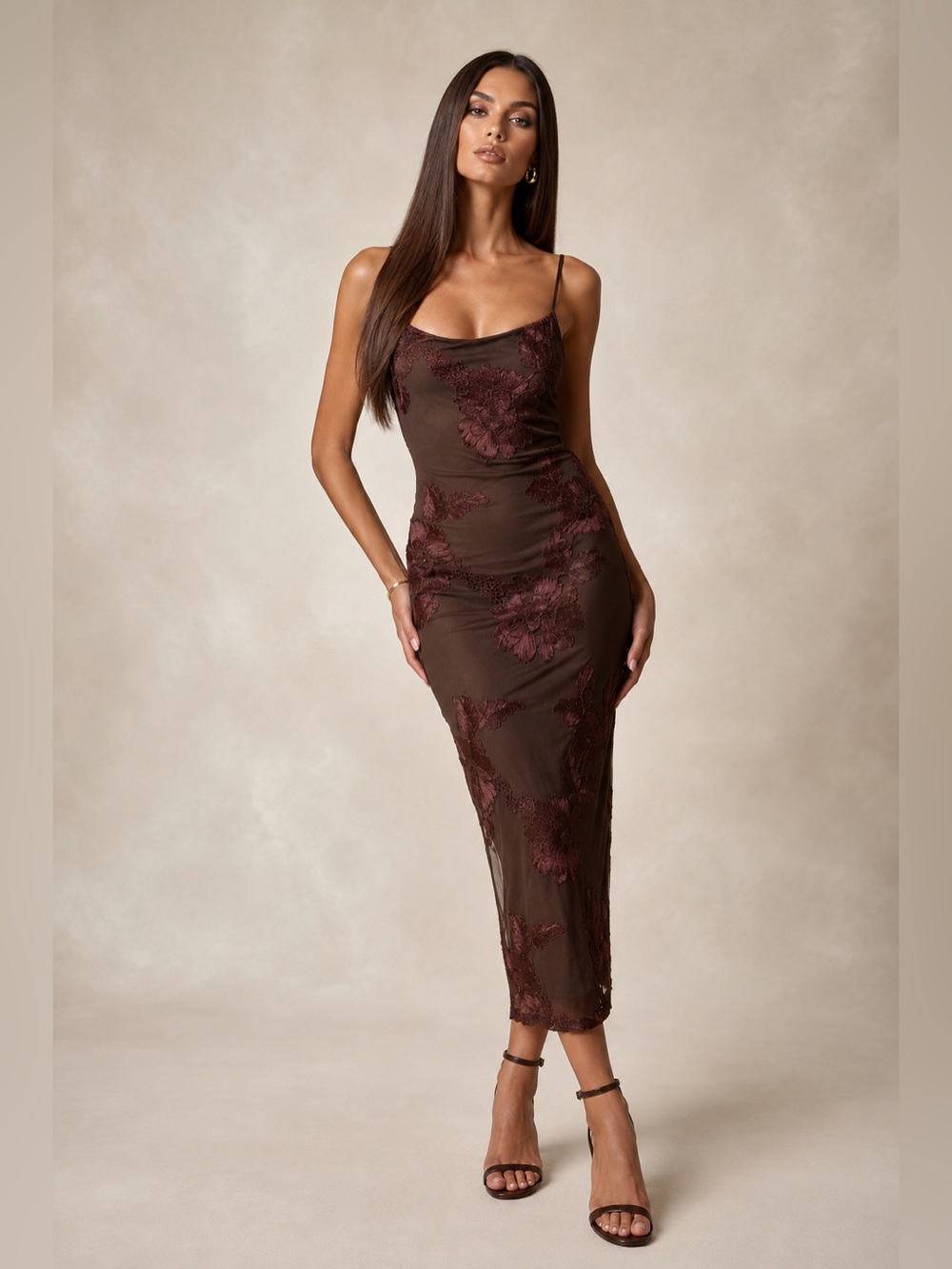 NWT Lace-Floral Embellished Slip Midi Dress - Brown
